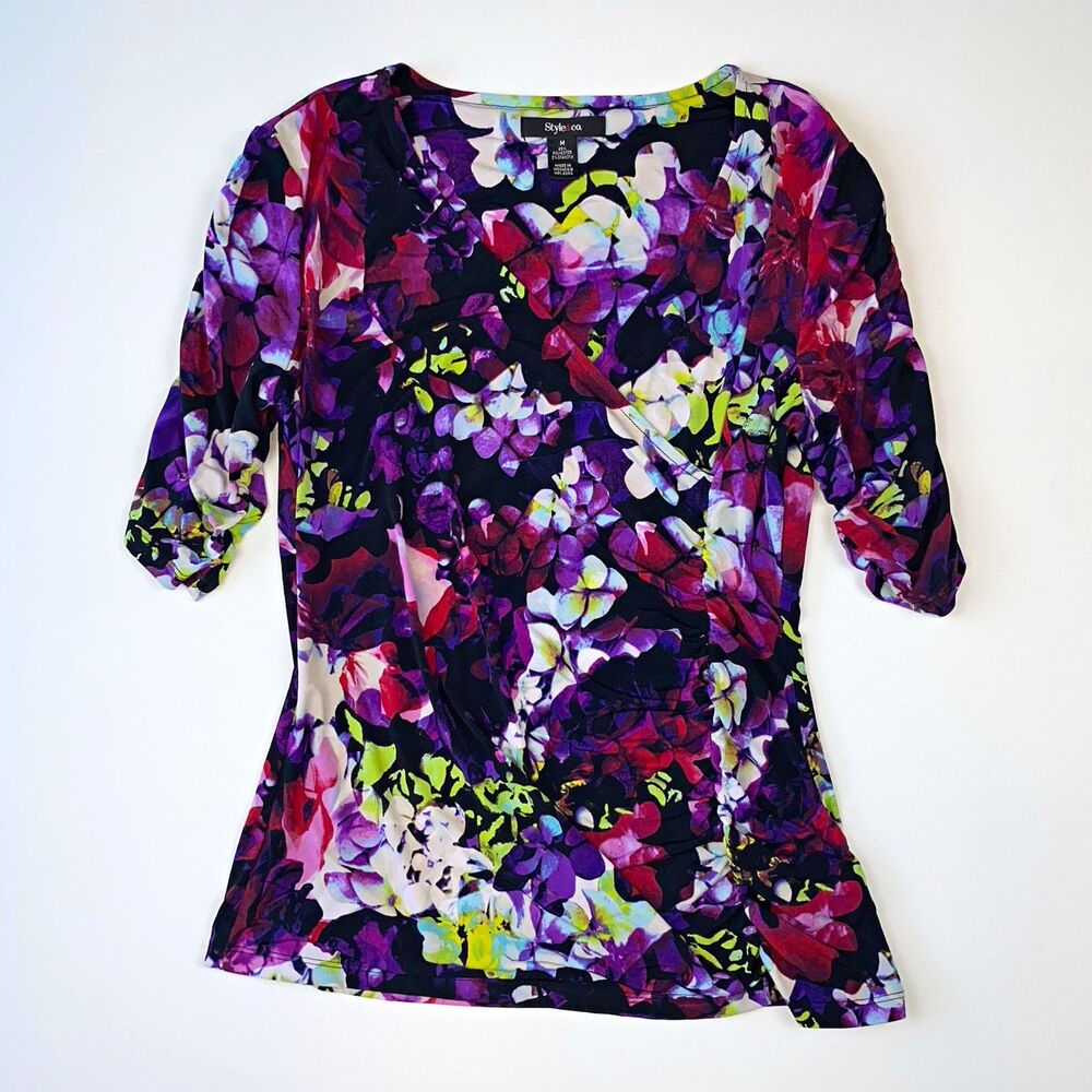 Style & Co. Women's Purple Fuchsia Floral Blouse Ruched 3/4 Sleeve Size M